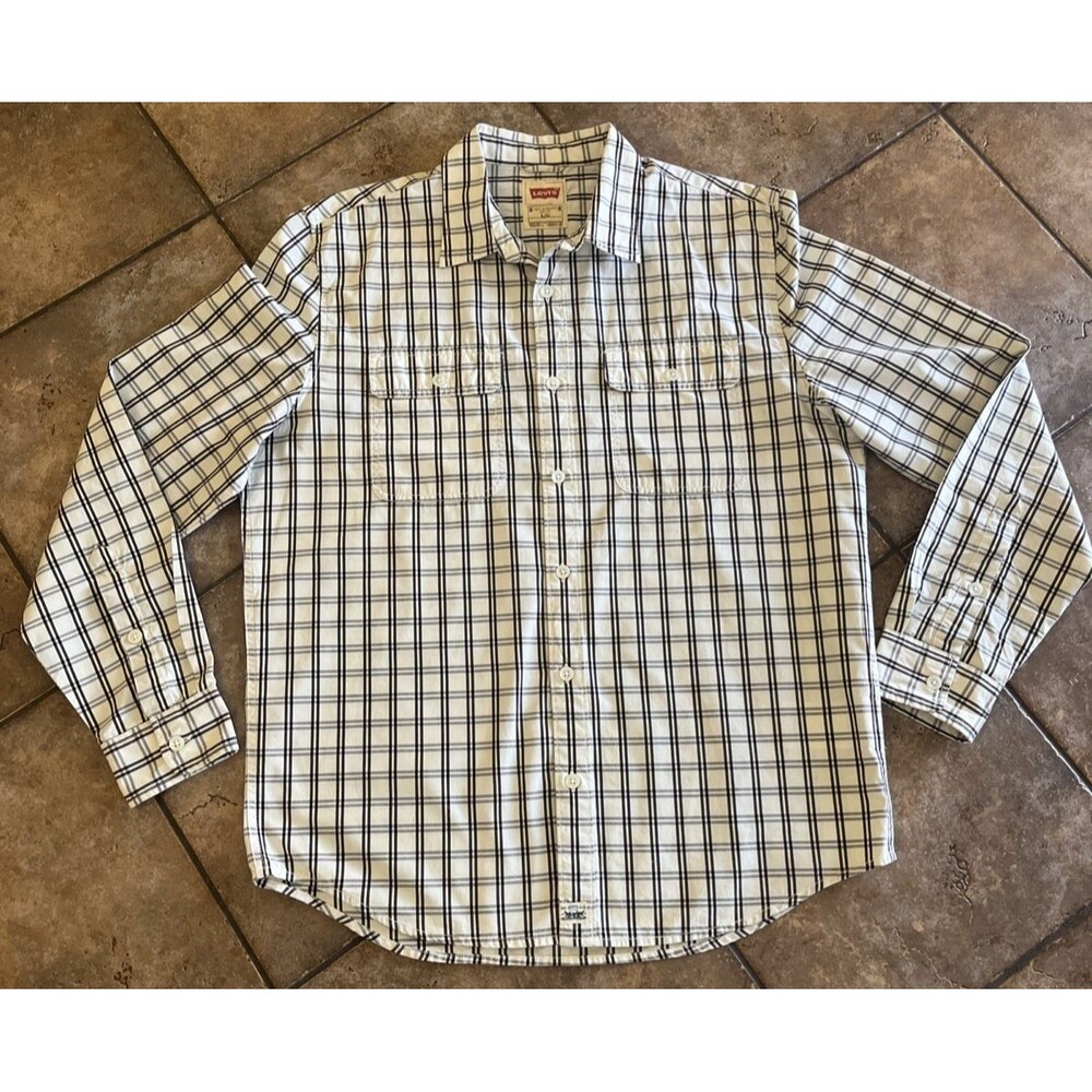 Levis Shirt Mens Large Gray Beig Plaid Short Sleeve Button Up Cotton Linen Blend